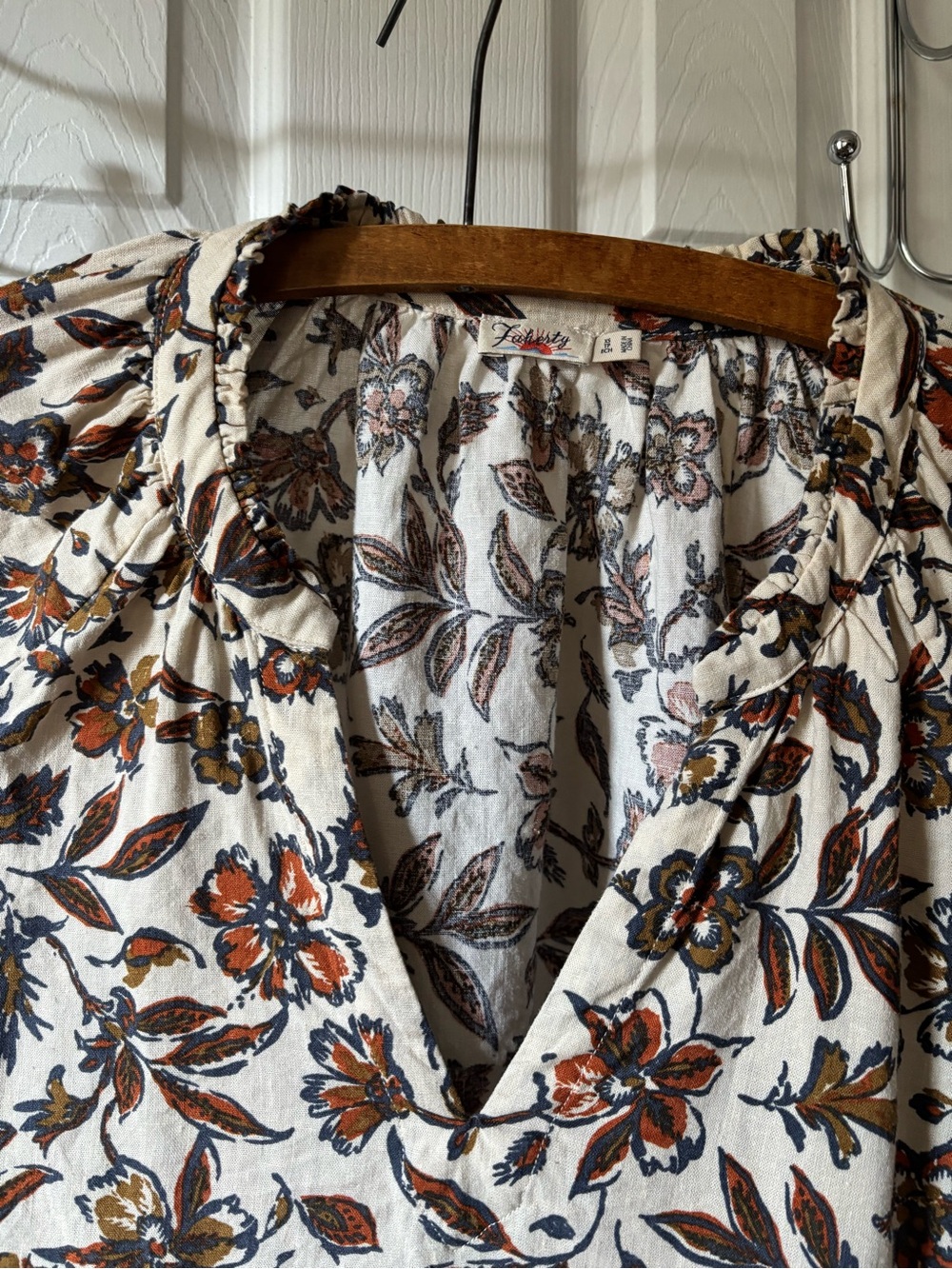 Faherty Ivory Floral V-Neck Blouse with Brown and Rust Accents - Picture 5 of 9